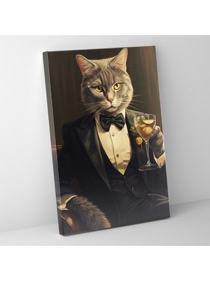 Popcas Nostaljik Illüstrasyonu Kedi Insanlar Gibi Giyinmiş Hayvanlar Duvar Tablosu