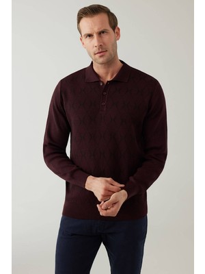 Ysf Erkek Koyu Bordo Regular Fit Desenli Yünlü Polo Yaka Triko
