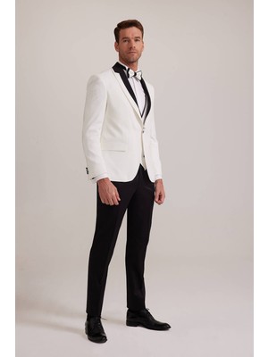 Ysf Erkek Beyaz Çıkma Şal Yaka Slim Fit Damatlık