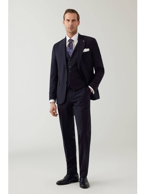 Ysf Erkek Lacivert Sivri Yaka Slim Fit Yelekli Takım Elbise