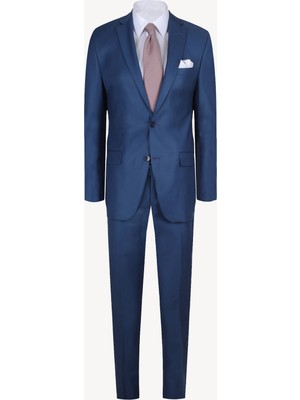 Ysf Erkek Saks Mavisi Slim Fit %100 Yün Takım Elbise