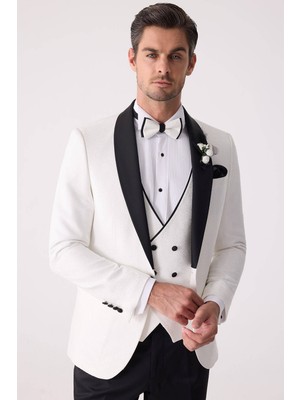 Ysf Erkek Beyaz Damatlık Slim Fit Kırlangıç Yaka Desenli
