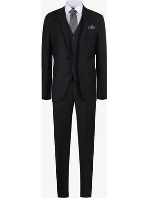 Ysf Erkek Siyah Slim Fit Yelekli Takım Elbise