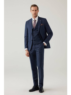 Ysf Erkek Lacivert Slim Fit Yelekli Sivri Yaka Kareli Takım Elbise