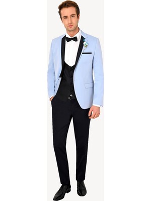 Ysf Erkek Açık Mavi Slim Fit Mono Yaka Yelekli Damatlık