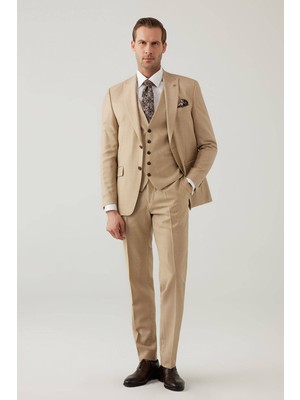 Ysf Erkek Bej Slim Fit Yelekli Italyan Kumaş Sivri Yaka Takım Elbise