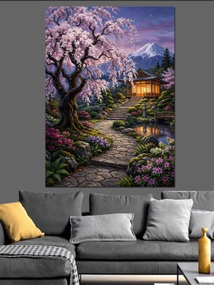 Karizma Tablo Sakura Ağaçlı Japon Bahçesi Dekoratif Kanvas - Mdf Ahşap Tablo