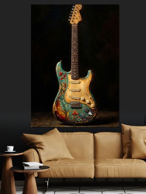 Karizma Tablo Çiçekli Elektro Gitar Sanatı Dekoratif Kanvas - Mdf Ahşap Tablo