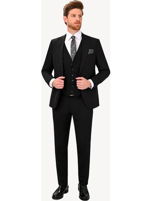 Ysf Erkek Siyah Sivri Yaka Yelekli Slim Fit Takım Elbise