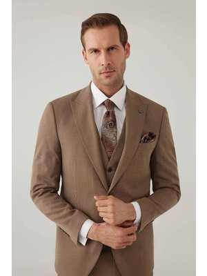 Ysf Erkek Bej Slim Fit Yelekli Sivri Yaka Takım Elbise