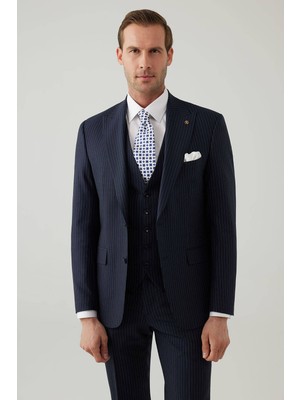 Ysf Erkek Lacivert Slim Fit Sivri Yaka Yelekli Yün Takım Elbise
