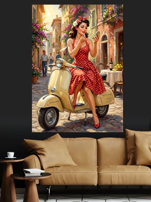 Artmeg Scooter Üstünde Pin-Up Kız Dekoratif Kanvas - Mdf Ahşap Tablo