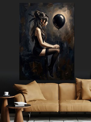 Karizma Tablo Siyah Balonlu Oturan Kız Dekoratif Kanvas - Mdf Ahşap Tablo