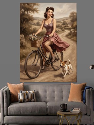 Artmeg Bisikletli Pin-Up Kız Köpek Dekoratif Kanvas - Mdf Ahşap Tablo