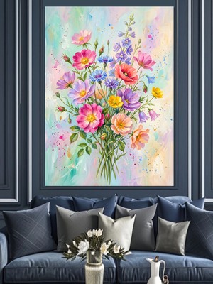 Karizma Tablo Pastel Renkli Çiçek Buketi Dekoratif Kanvas - Mdf Ahşap Tablo