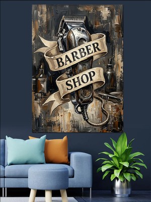 Karizma Tablo Barber Shop Makas Tabela Dekoratif Kanvas - Mdf Ahşap Tablo