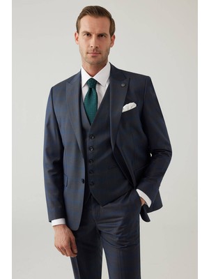 Ysf Erkek Lacivert Slim Fit Sivri Yaka Kareli Yelekli Takım Elbise