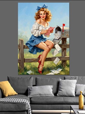 Karizma Tablo Mektup Okuyan Pin-Up Kız Dekoratif Kanvas - Mdf Ahşap Tablo