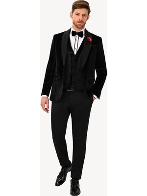 Ysf Erkek Siyah Yelekli Şal Yaka Slim Fit Damatlık