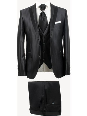 Ysf Erkek Siyah Yelekli Şal Yaka Slim Fit Damatlık