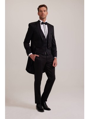 Ysf Erkek Siyah Slim Fit Frag Kırlangıç Yaka Damatlık