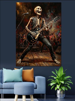 Artmeg Gitar Çalan Iskelet Rockçı Dekoratif Kanvas - Mdf Ahşap Tablo