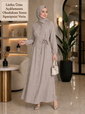 Esra Butik Vizon Modal Kumaş Boydan Düğmeli Kuşaklı Tesettür Elbise – Zarif ve Konforlu Şıklık