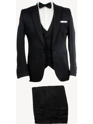 Ysf Erkek Siyah Slim Fit Kırlangıç Yaka Yelekli Damatlık