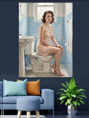 Artmeg Tuvalette Oturan Pin-Up Kadın Dekoratif Kanvas - Mdf Ahşap Tablo