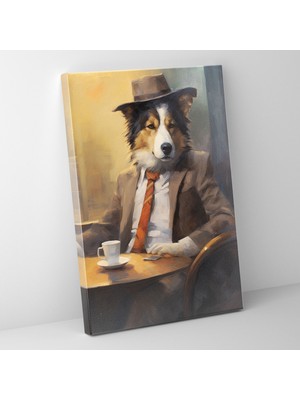 Popcas Insanlar Gibi Giyinmiş Hayvanlar Kahve Dükkanı Köpeği Köpek Motifli Duvar Tablosu