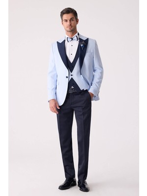Ysf Erkek Açık Mavi Yelekli Kırlangıç Yaka Slim Fit Damatlık