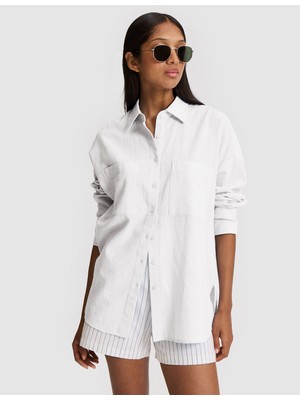 Pierre Cardin Kadın Beyaz Oversize Keten Karışımlı Gömlek 50328624-VR013