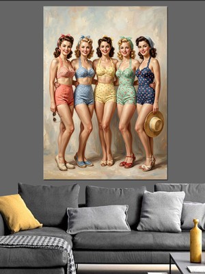 Artmeg Mayolu Beş Pin-Up Kız Dekoratif Kanvas - Mdf Ahşap Tablo