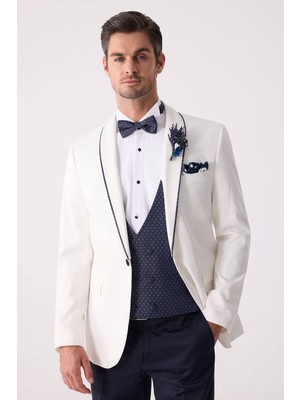 Ysf Erkek Krem Slim Fit Mono Yaka Yelekli Damatlık