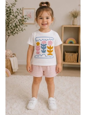Diba Bebek Kız Çocuk Yazlık Çiçek Nakışlı 2'li Şortlu Kısa Kollu Kız Takım