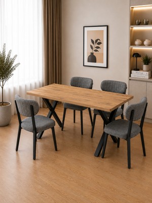 Bambeds Mobilya 60X120 Yemek Masası Mutfak Masası 4 Kişilik Masa Sandalye Takımı Gri Elma Sandalye