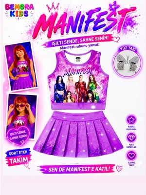 Bemora Kids Manifest Mor Etek Bluz Alt Üst 2 Li Takım Şort Etek Kız Çocuk Alt Üst Takım Parti Konser Doğum Günü Plaj Giyim