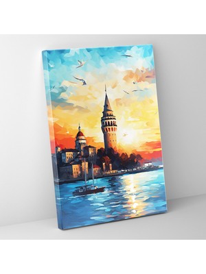 Popcas Galata Kulesi Sanatı Günbatımı Motifli Dekoratif Kanvas Tablo