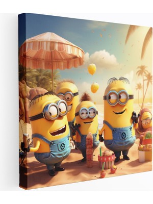 Popcas Sahilde Eğlence Temalı Minions Desenli Duvar Tablosu