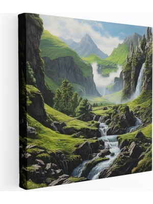 Popcas Orta Dünya Şelale Modern Sanat Yeşil Vadiler Kanvas Duvar Tablosu