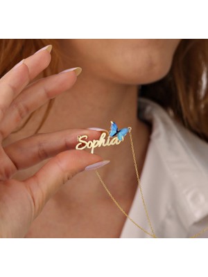 Hom Silver Jewelry 925 Ayar Gümüş Kişiye Özel Isimli Mavi Mineli Kelebek Tasarımlı Kadın Kolye HSJ0252
