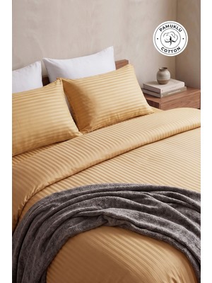 Line Pamuklu Nevresim Takımı 4 Parça Çizgili Nevresim Seti Bej | Otel Nevresim Gold