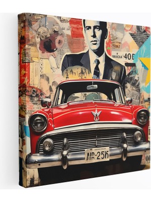 Popcas Araba ve Mafya Simgeleriyle Pop Art Tarzında Canlı Eski Dekoratif Kanvas Tablo
