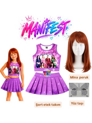 Bemora Kids Manifest Mor Etek Bluz Alt Üst 2 Li Takım Şort Etek Kız Çocuk Alt Üst Takım Manifest Mina Peruk - Yüz Taşı Seti Parti Konser Doğum Günü Plaj Giyim