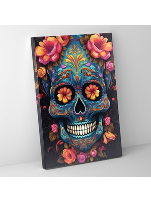 Popcas Çiçek Desenli Şeker Kafatası Los Muertos Modern Sanat Temasıyla Kompozisyon Dekoratif Kanvas Tablo