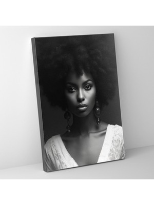 Popcas Siyah Beyaz Portre Afro Desenli Güven Dolu Bakış Modern Sanat Görseli Kanvas Duvar Tablosu