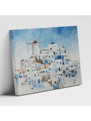 Popcas Ile Mavi Kubbeler ve Rüzgar Değirmenleri Santorini Motifi Duvar Tablosu