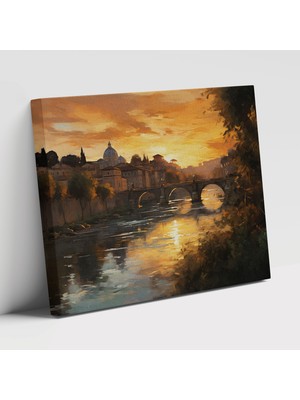 Popcas Fırça Darbeleri Günbatımı Tiber Nehri Üzerinde Roma Yumuşak Duvar Tablosu