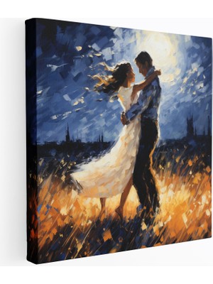 Popcas Romantik Ay Işığı Temalı Modern Sanat Ile Dans Eden Figürler Kanvas Duvar Tablosu