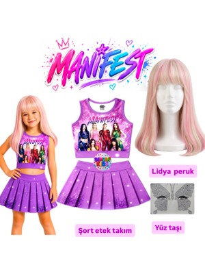 Bemora Kids Manifest Mor Etek Bluz Alt Üst 2 Li Takım Şort Etek Kız Çocuk Alt Üst Takım Manifest Lidya Sarı Pembe Peruk - Yüz Taşı Seti Parti Konser Doğum Günü Plaj Giyim